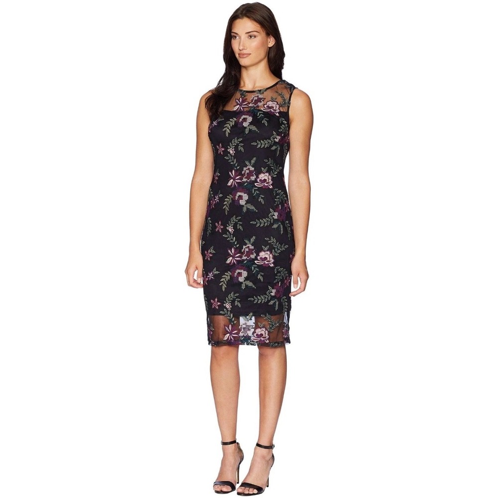 Calvin Klein Sheath Dress Womens 20W Black Embroidered Floral Mesh Illusion NWT